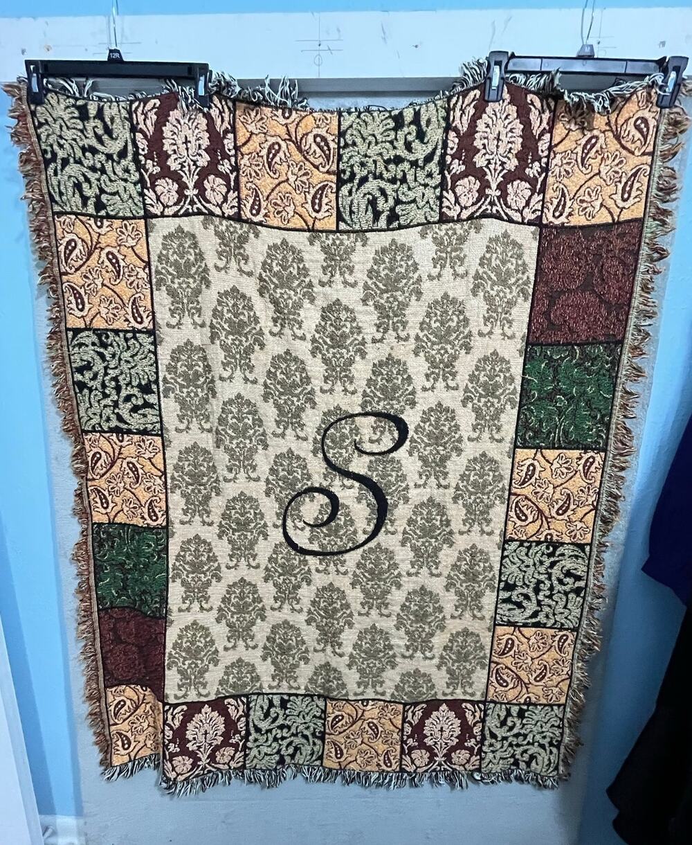 Woven Tapestry Blanket Fringe Initial S Elegant Preppy Twee Medallion Paisley